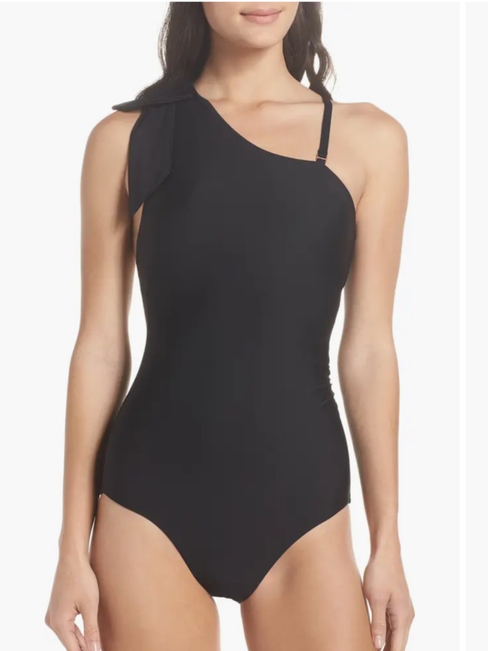 Chelsea 28 One-Shoulder Black Bow-Accent One-Piece Swimsuit. Size L